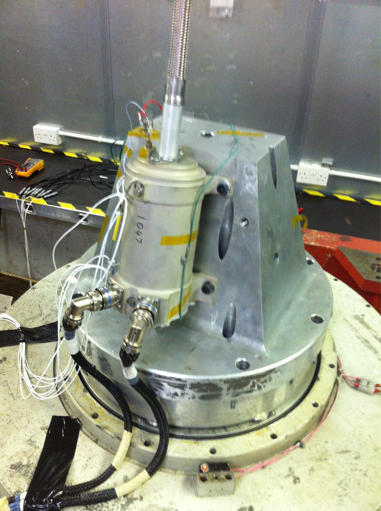 an electric aircraft motor undergoing vibration testing